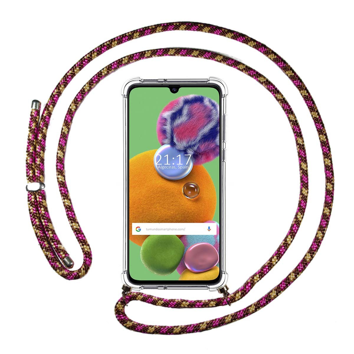 Funda Colgante Transparente para Samsung Galaxy A90 5G con Cordon Rosa / Dorado