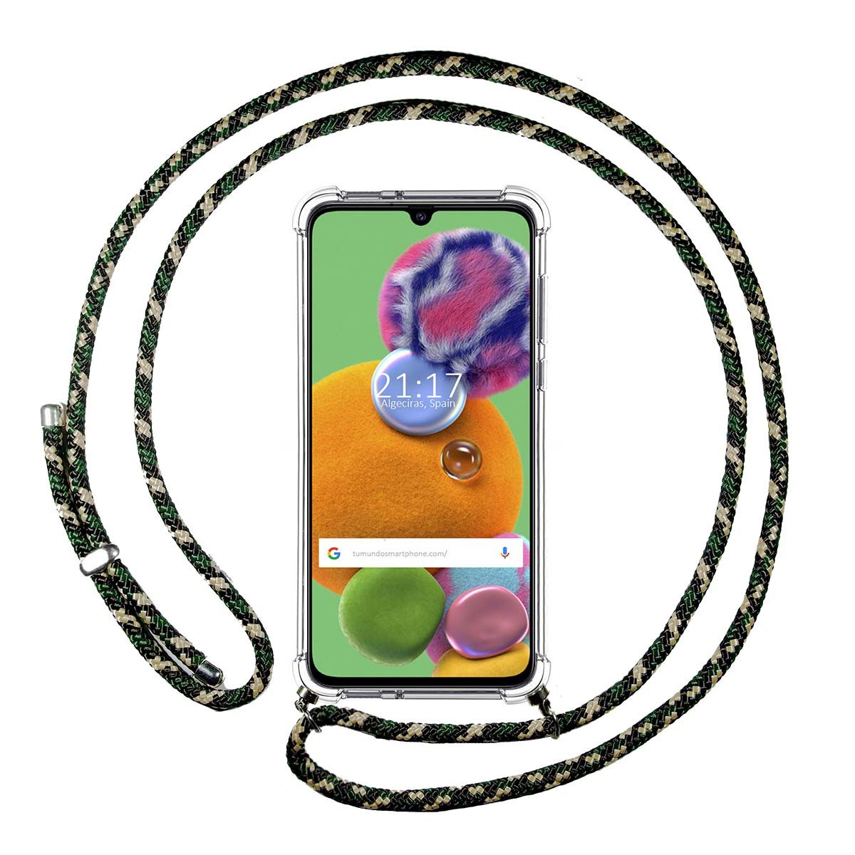 Funda Colgante Transparente para Samsung Galaxy A90 5G con Cordon Verde / Dorado