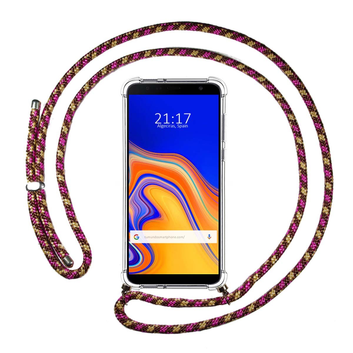 Funda Colgante Transparente para Samsung Galaxy J4+ Plus con Cordon Rosa / Dorado