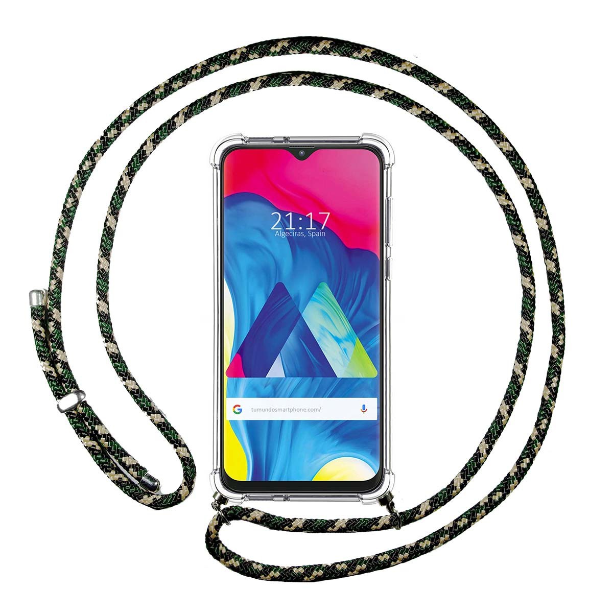 Funda Colgante Transparente para Samsung Galaxy M10 con Cordon Verde / Dorado