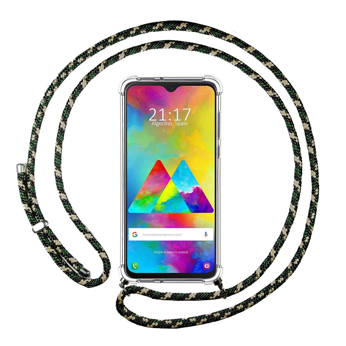Funda Colgante Transparente para Samsung Galaxy M20 con Cordon Verde / Dorado