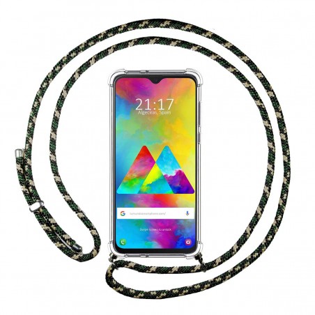 Funda Colgante Transparente para Samsung Galaxy M20 con Cordon Verde / Dorado