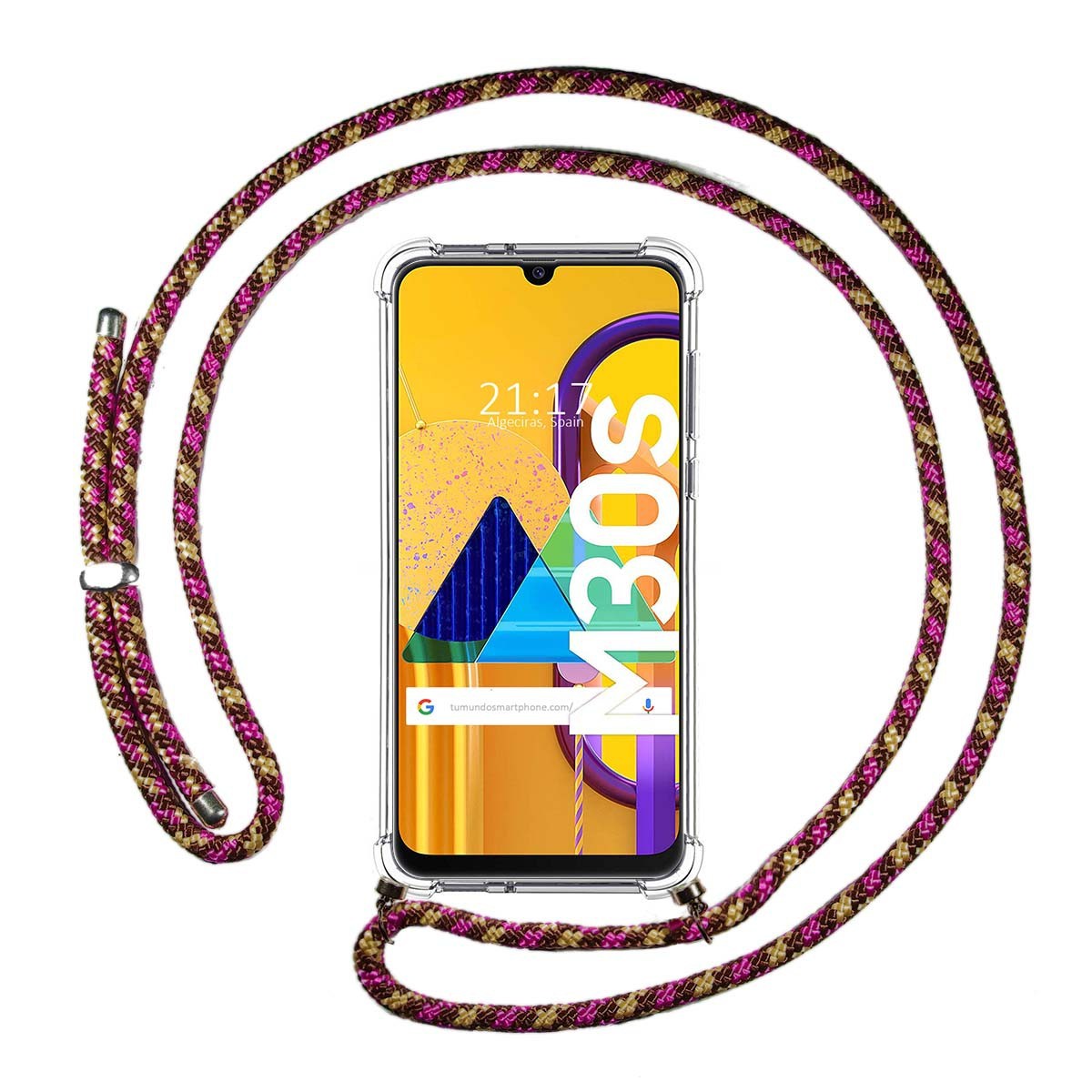 Funda Colgante Transparente para Samsung Galaxy M30s / M21 con Cordon Rosa / Dorado