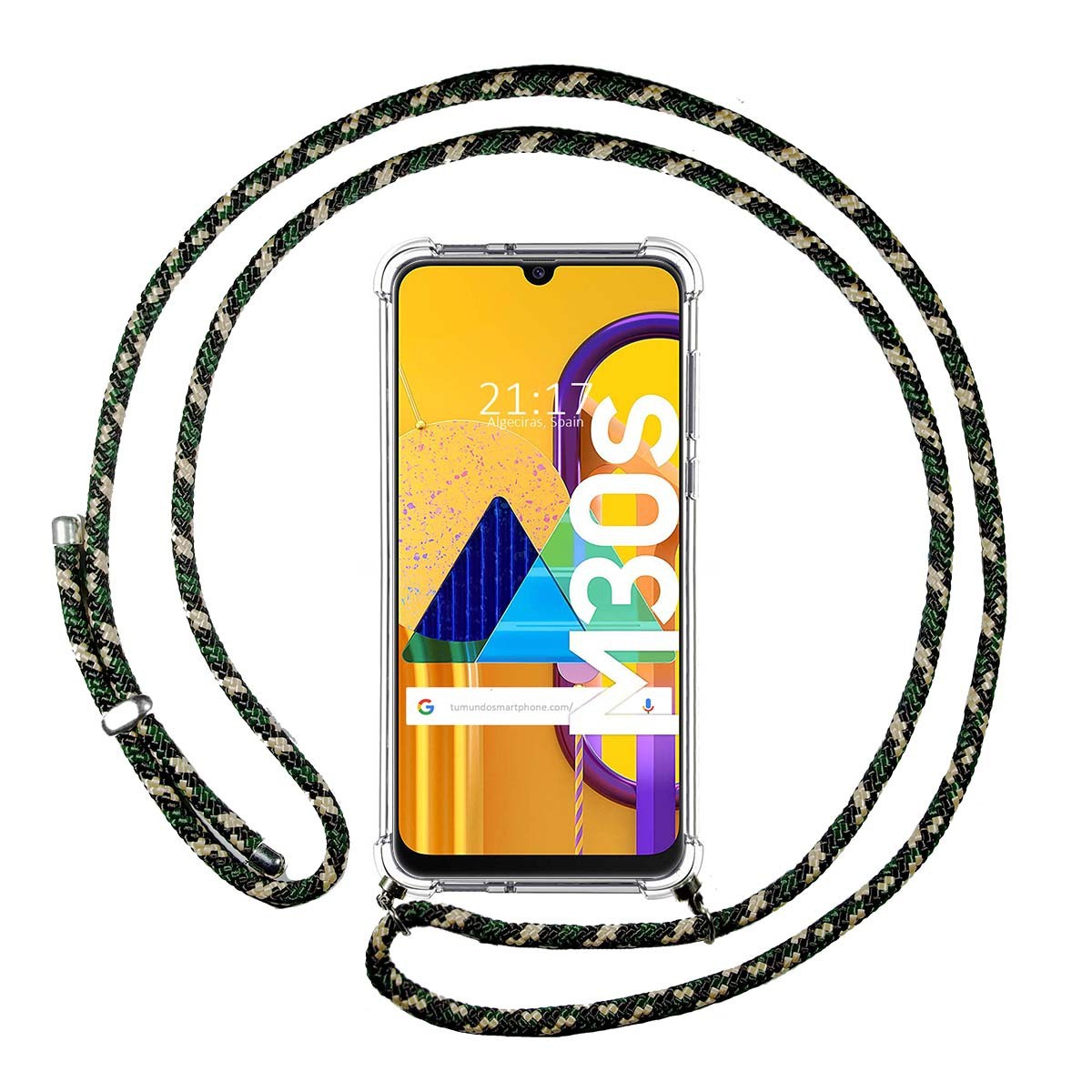 Funda Colgante Transparente para Samsung Galaxy M30s / M21 con Cordon Verde / Dorado