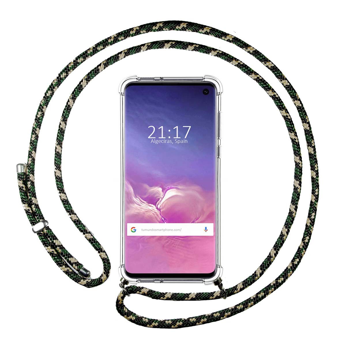 Funda Colgante Transparente para Samsung Galaxy S10 con Cordon Verde / Dorado