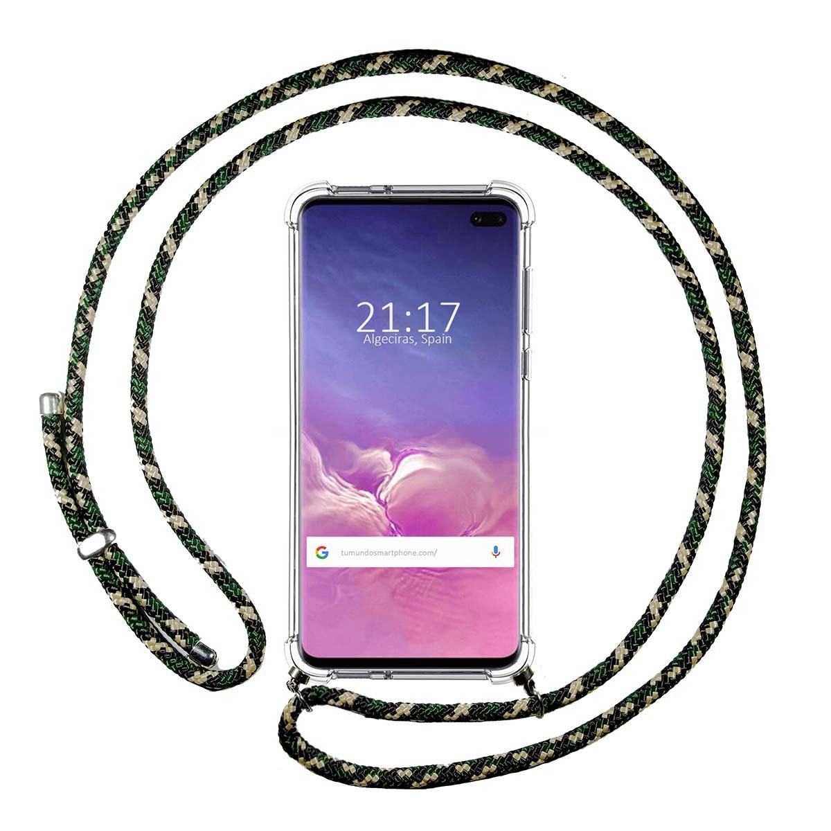 Funda Colgante Transparente para Samsung Galaxy S10 Plus con Cordon Verde / Dorado