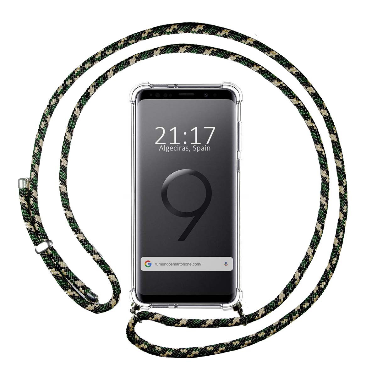 Funda Colgante Transparente para Samsung Galaxy S9 Plus con Cordon Verde / Dorado