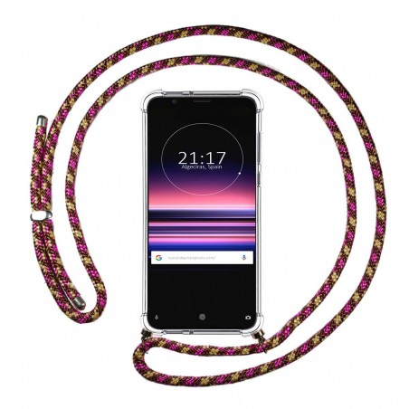 Funda Colgante Transparente para Sony Xperia 5 con Cordon Rosa / Dorado