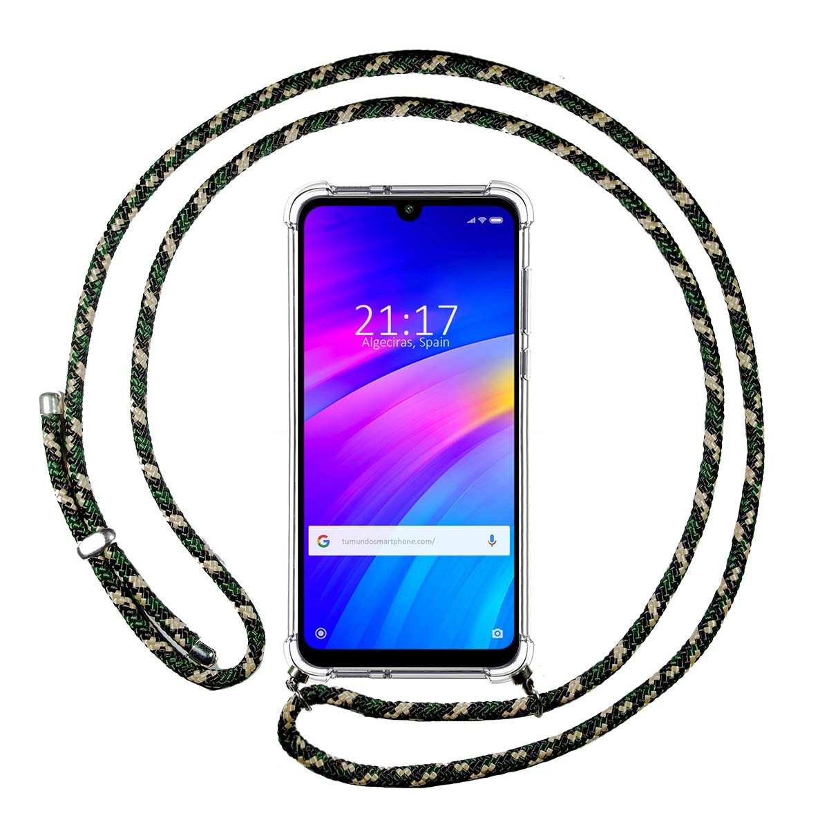 Funda Colgante Transparente para Xiaomi Redmi 7 con Cordon Verde / Dorado