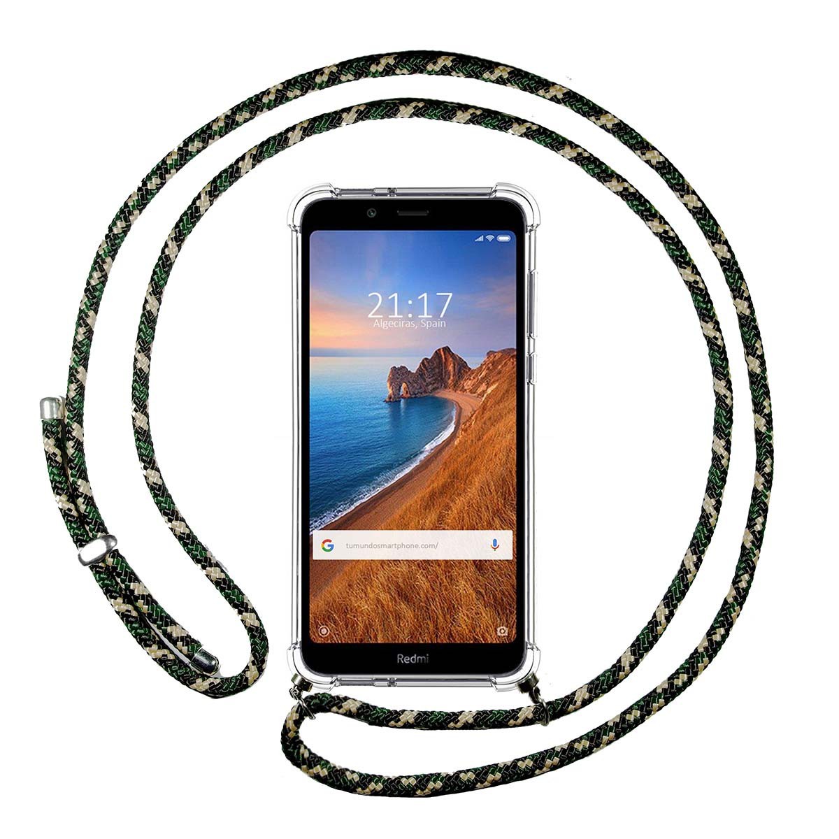 Funda Colgante Transparente para Xiaomi Redmi 7A con Cordon Verde / Dorado