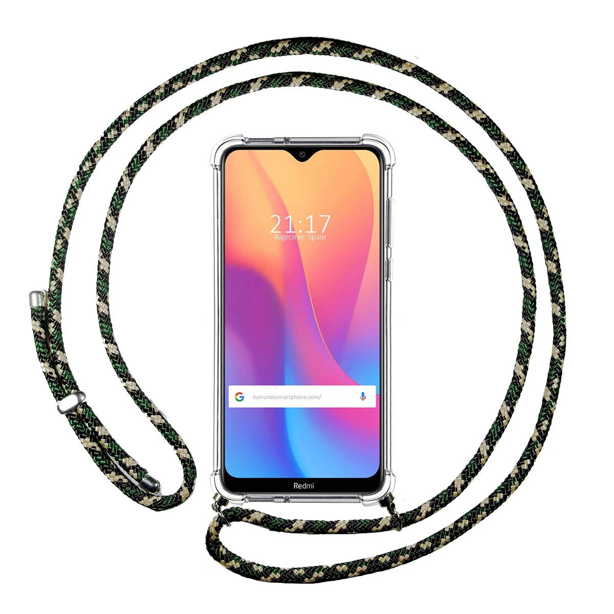 Funda Colgante Transparente para Xiaomi Redmi 8A con Cordon Verde / Dorado