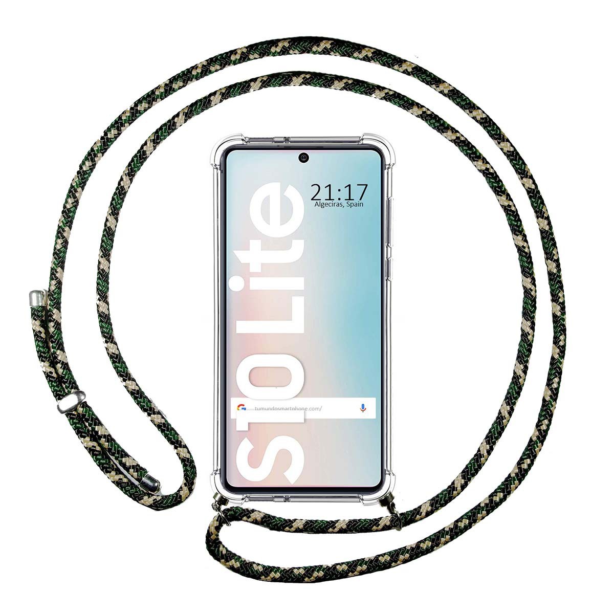 Funda Colgante Transparente para Samsung Galaxy S10 Lite con Cordon Verde / Dorado