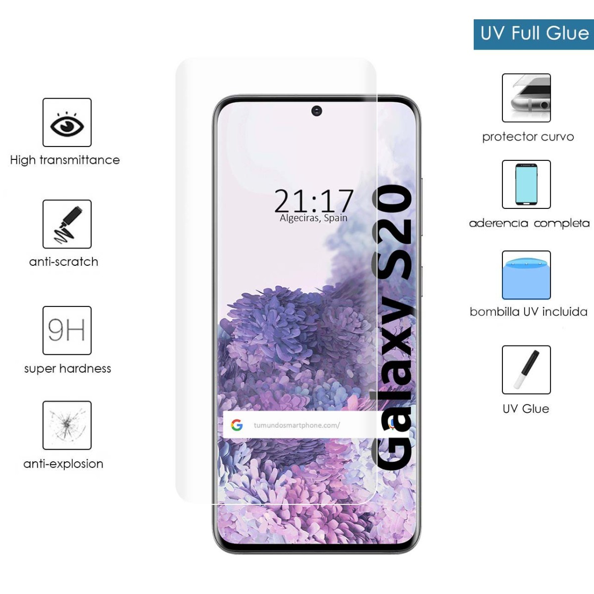 Protector Cristal Templado Completo Curvo UV Full Glue para Samsung Galaxy S20