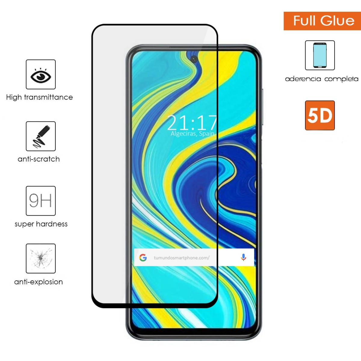 Protector Cristal Templado Completo 5D Full Glue Negro para Xiaomi Redmi Note 9S Vidrio