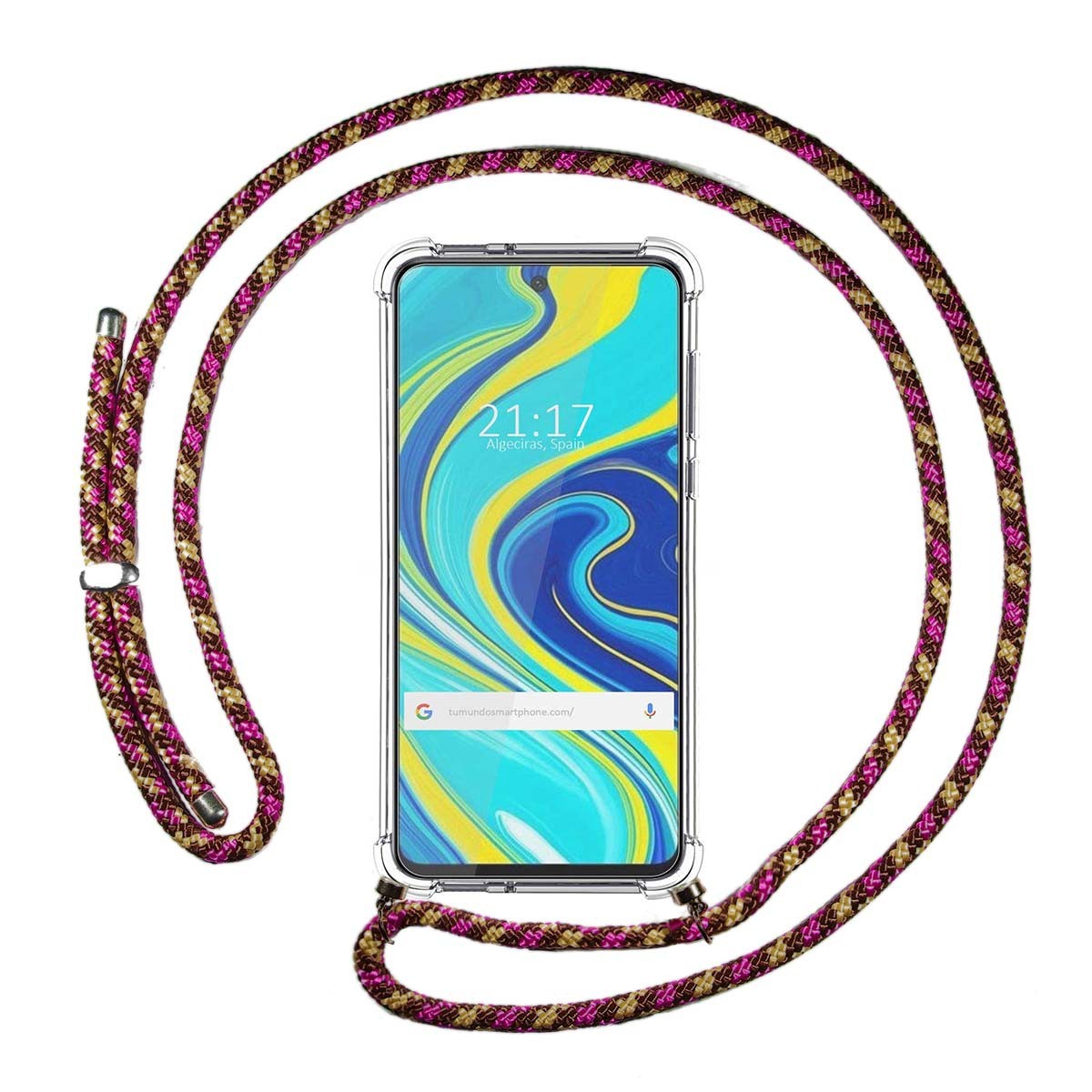 Funda Colgante Transparente para Xiaomi Redmi Note 9S con Cordon Rosa / Dorado