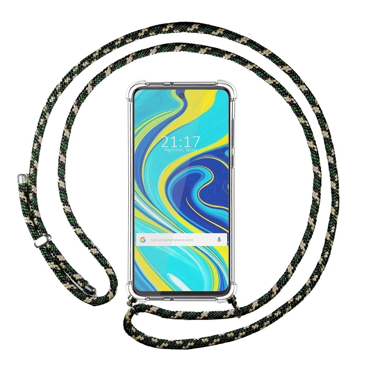 Funda Colgante Transparente para Xiaomi Redmi Note 9S con Cordon Verde / Dorado