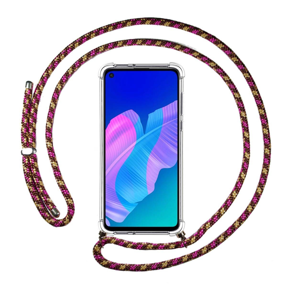 Funda Colgante Transparente para Huawei P40 Lite con Cordon Rosa / Dorado