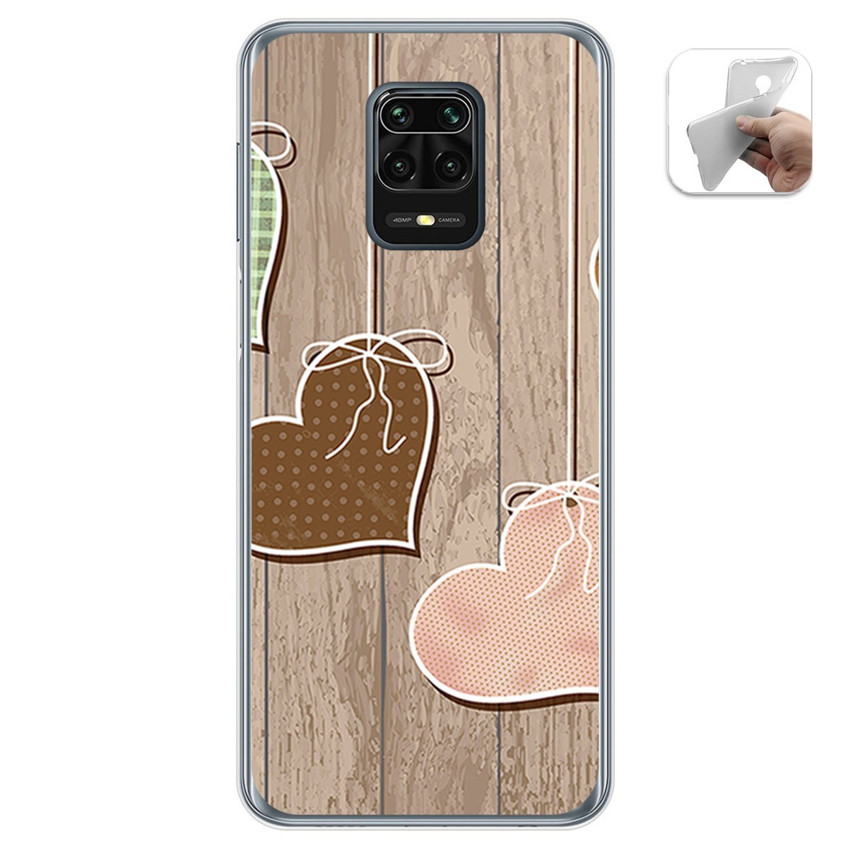 Funda Gel Tpu para Xiaomi Redmi Note 9S / Note 9 Pro diseño Corazones Madera Dibujos