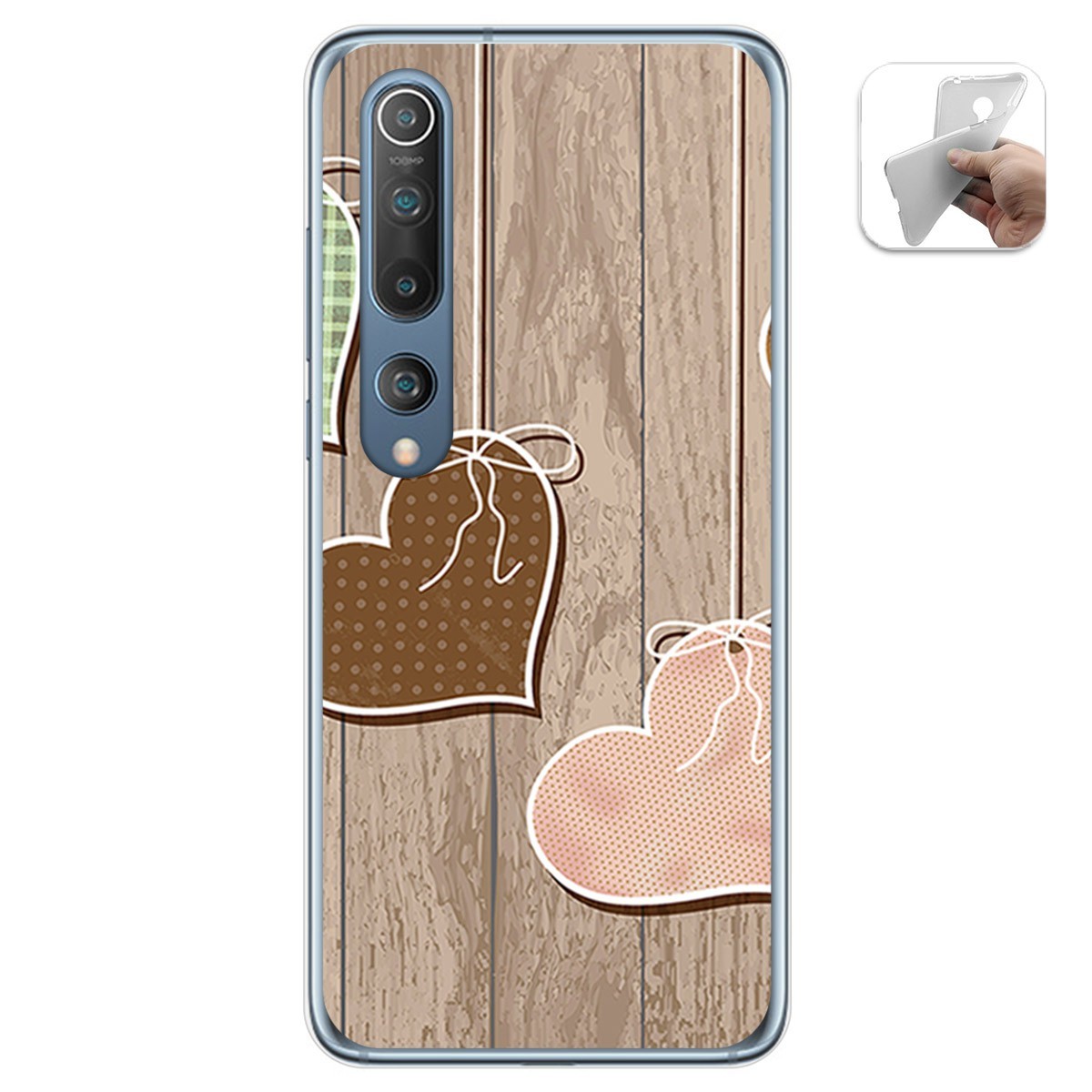 Funda Gel Tpu para Xiaomi Mi 10 / Mi 10 Pro diseño Corazones Madera Dibujos
