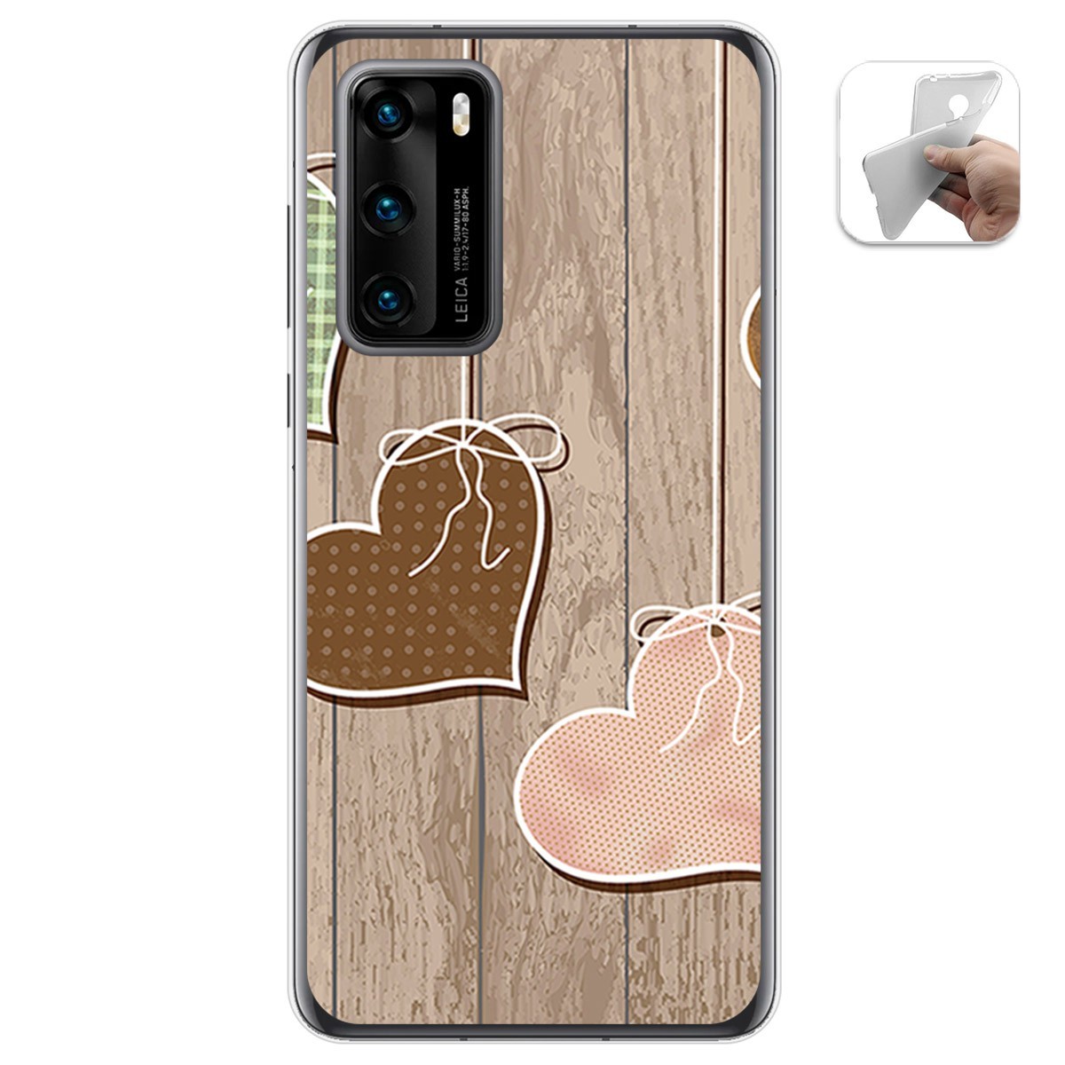 Funda Gel Tpu para Huawei P40 diseño Corazones Madera Dibujos
