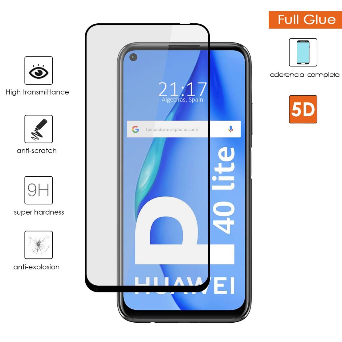 Protector Cristal Templado Completo 5D Full Glue Negro para Huawei P40 Lite Vidrio