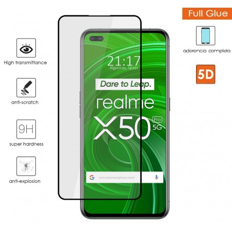 Protector Cristal Templado Completo 5D Full Glue Negro para Realme X50 Pro 5G Vidrio