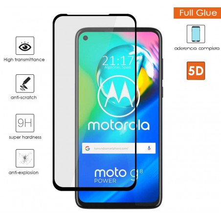 Protector Cristal Templado Completo 5D Full Glue Negro para Motorola Moto G8 Power Vidrio