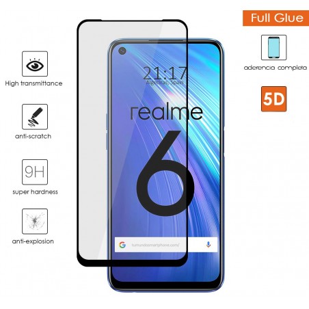 Protector Cristal Templado Completo 5D Full Glue Negro para Realme 6 Vidrio