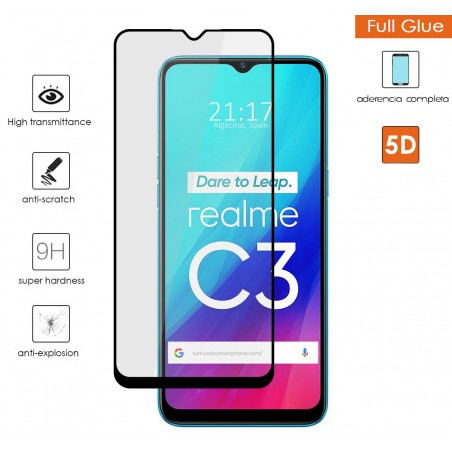 Protector Cristal Templado Completo 5D Full Glue Negro para Realme C3 Vidrio