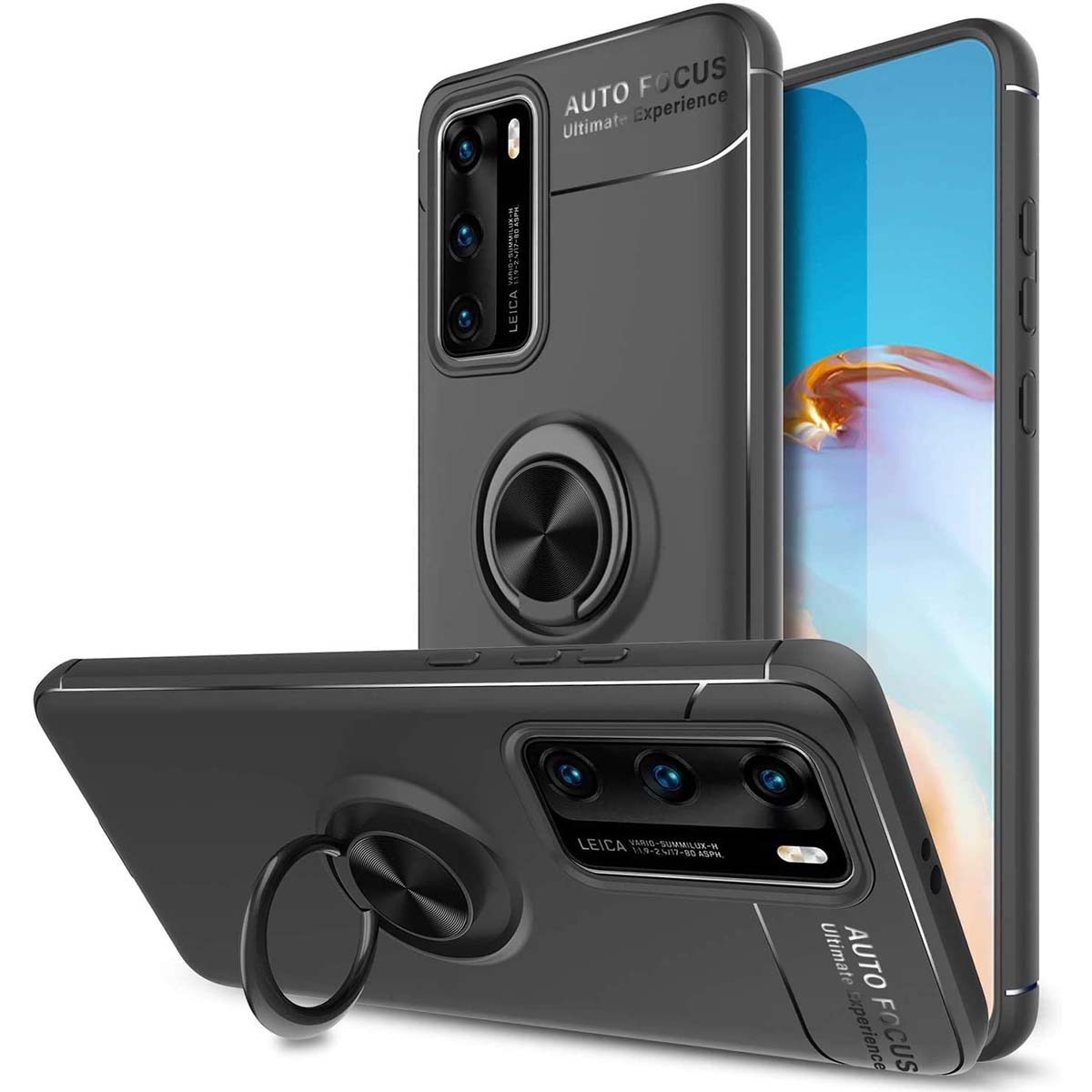 Funda Magnetica Soporte con Anillo Giratorio 360 para Huawei P40 Negra