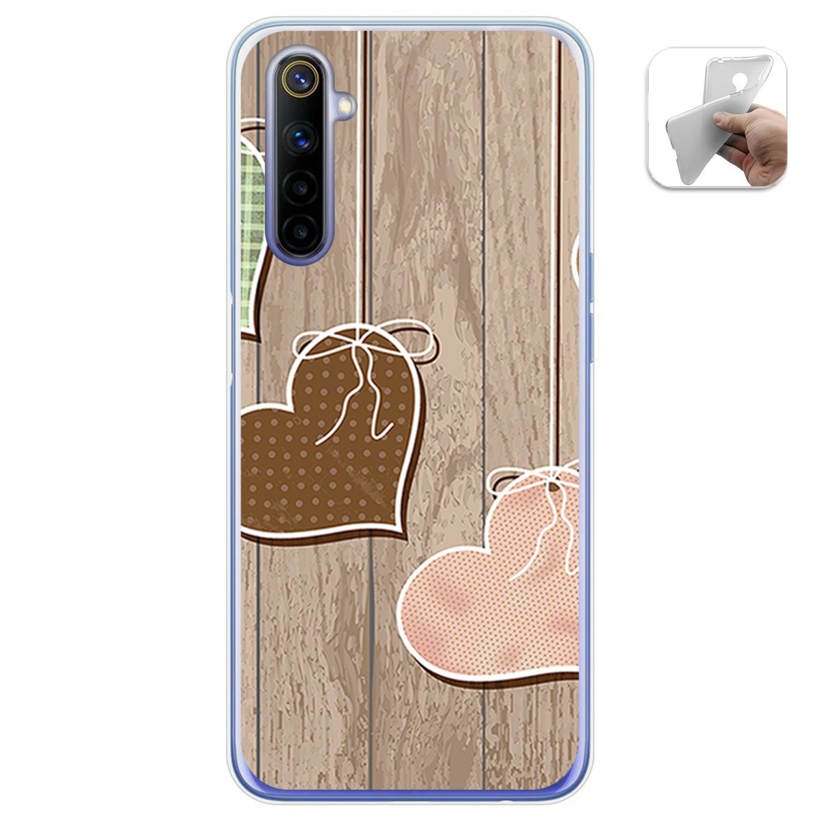 Funda Gel Tpu para Realme 6 diseño Corazones Madera Dibujos