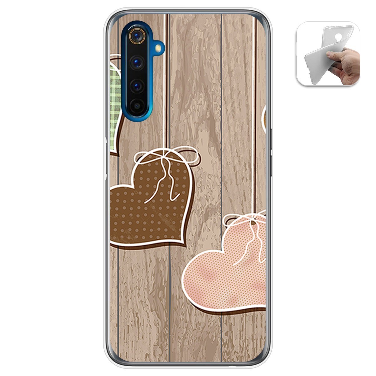 Funda Gel Tpu para Realme 6 Pro diseño Corazones Madera Dibujos