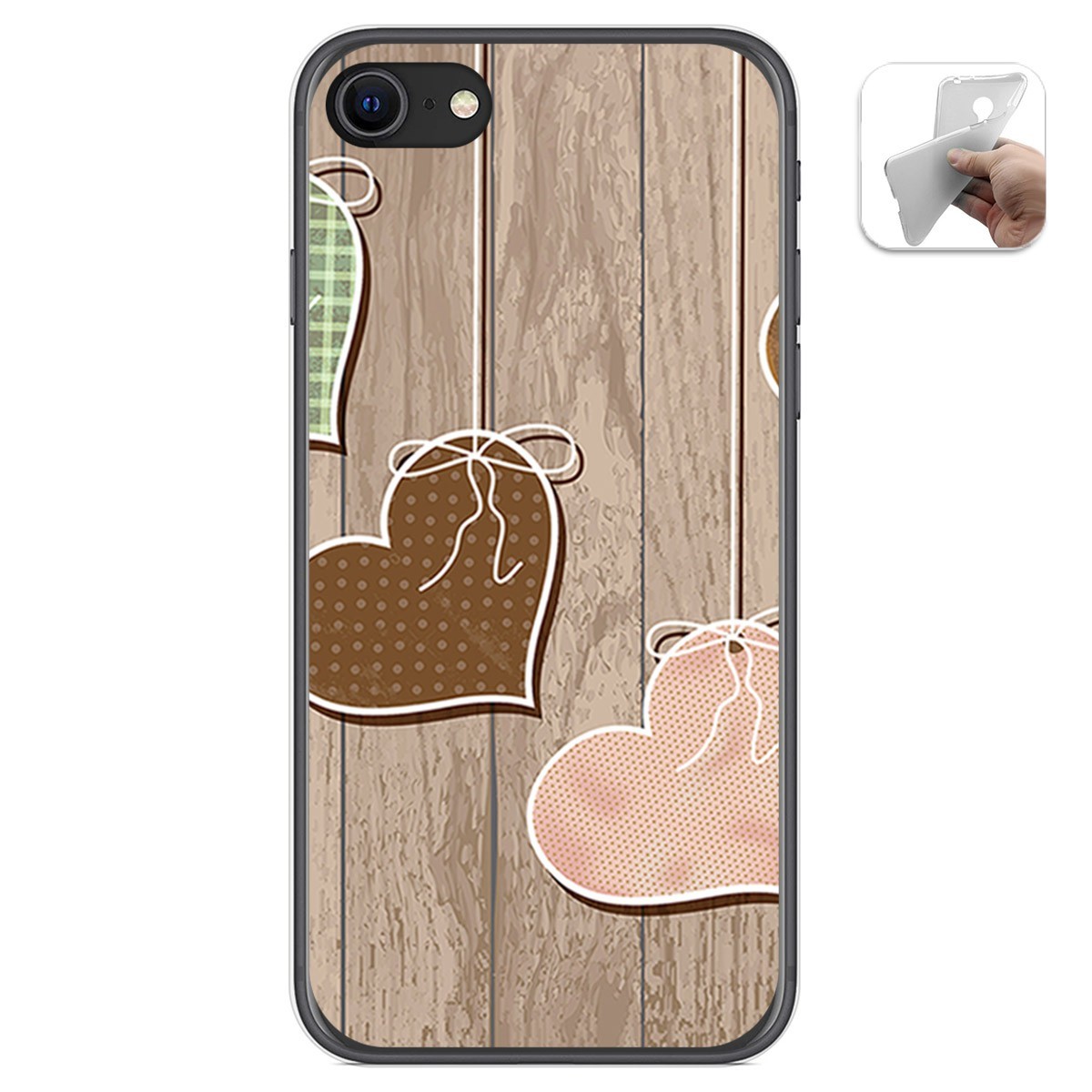 Funda Gel Tpu para Iphone SE 2020 diseño Corazones Madera Dibujos