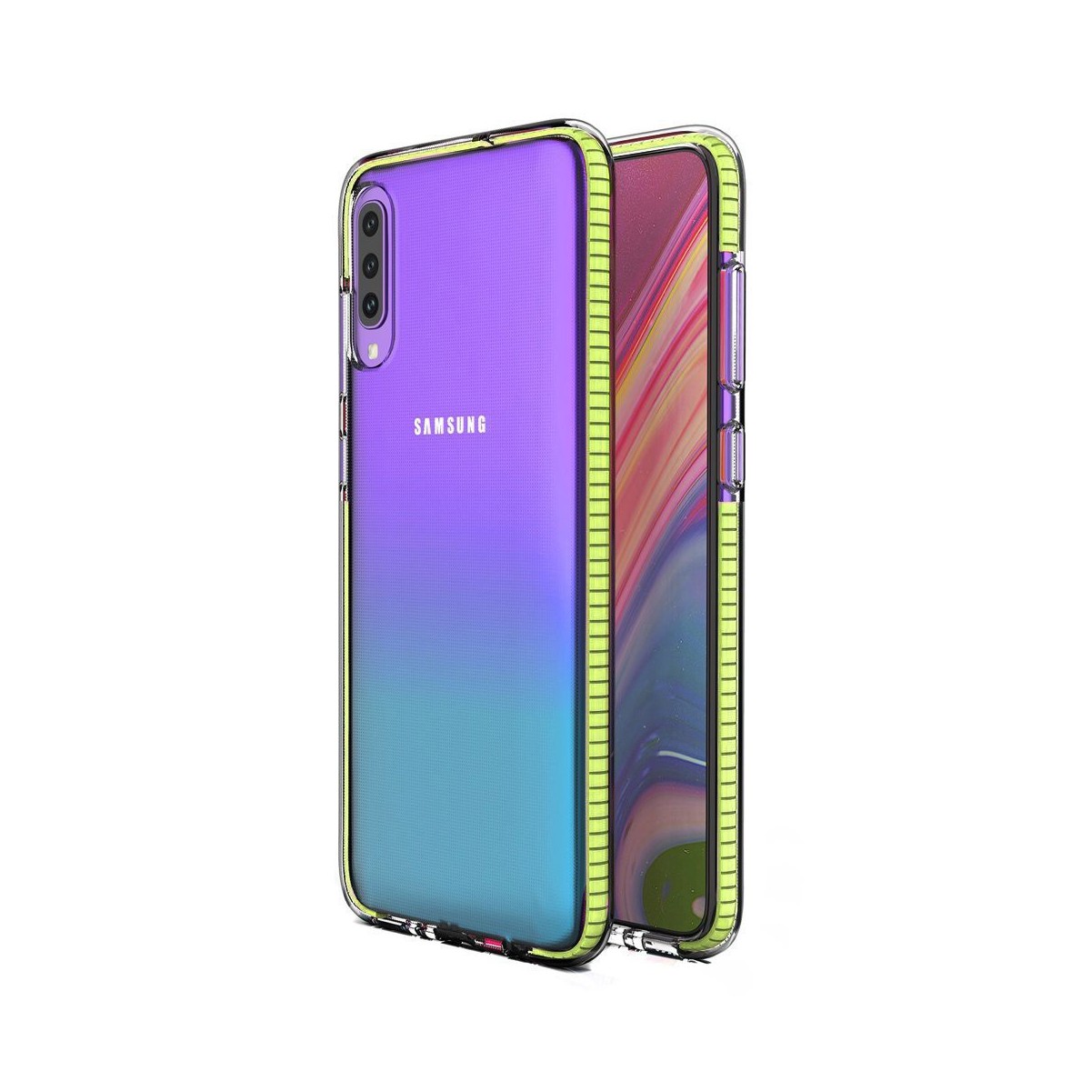 Funda Silicona Gel Tpu transparente con Marco Amarillo para Samsung Galaxy A70