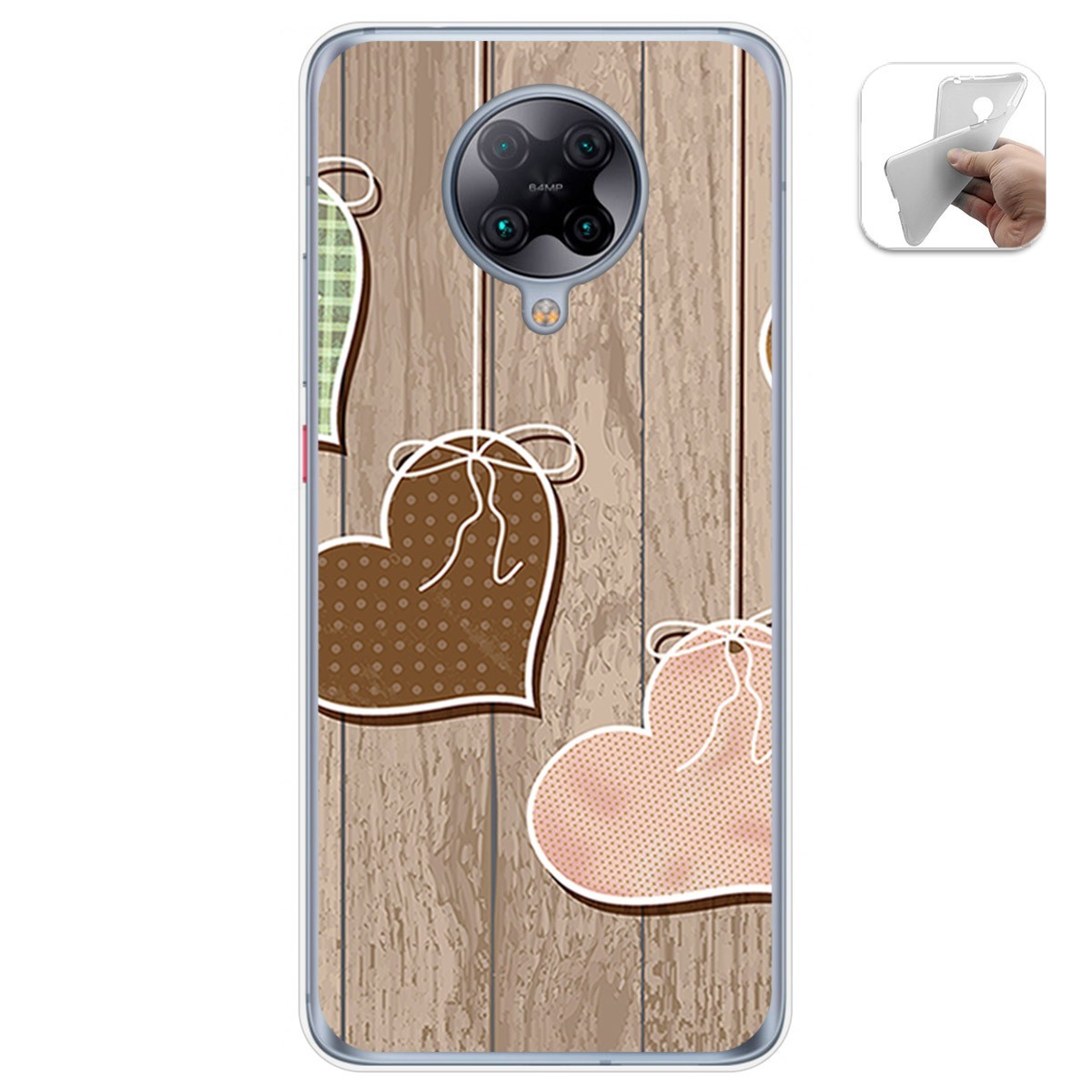 Funda Gel Tpu para Xiaomi POCO F2 Pro diseño Corazones Madera Dibujos