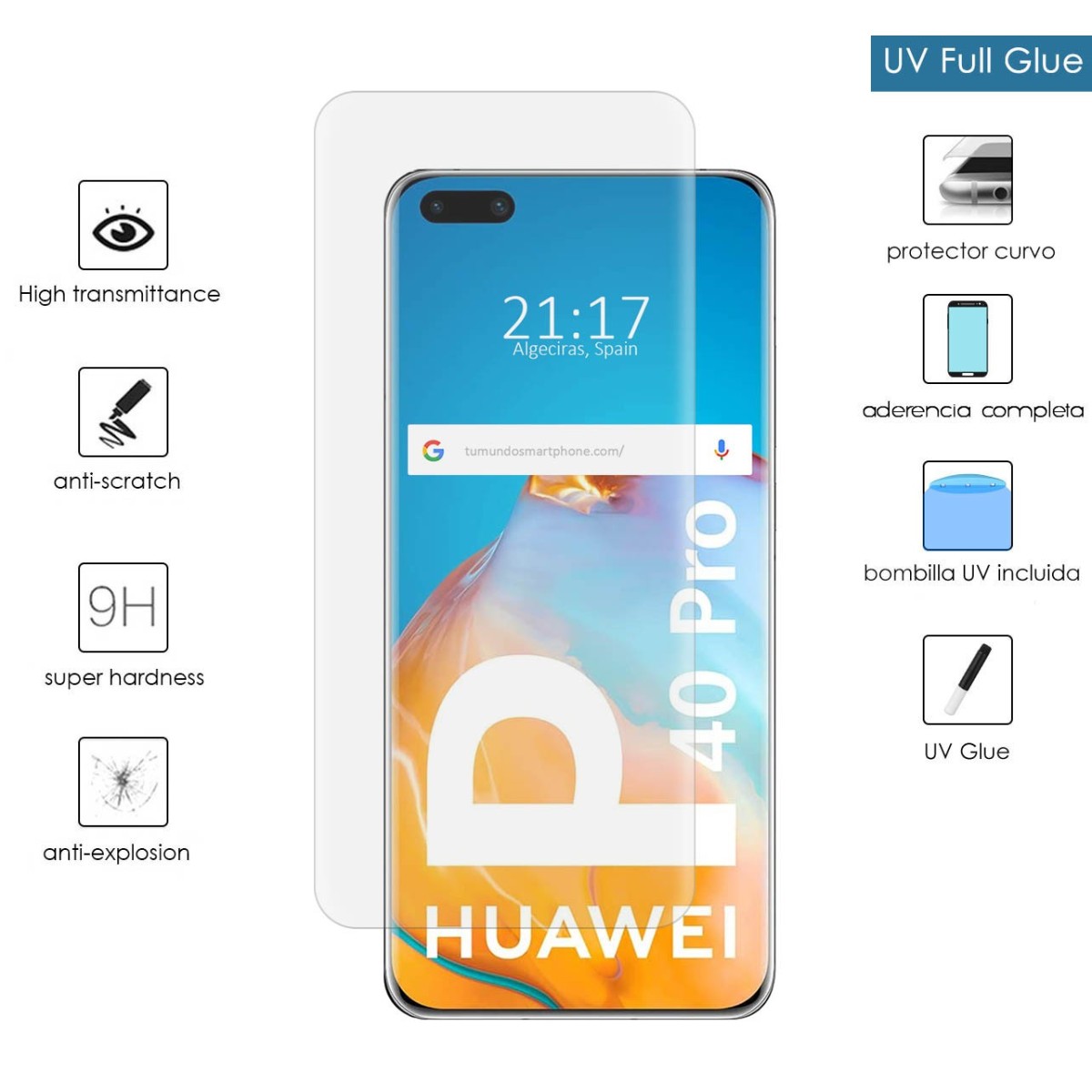 Protector Cristal Templado Completo Curvo UV Full Glue para Huawei P40 Pro