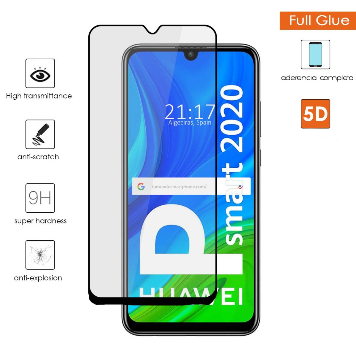 Protector Cristal Templado Completo 5D Full Glue Negro para Huawei P Smart 2020 Vidrio