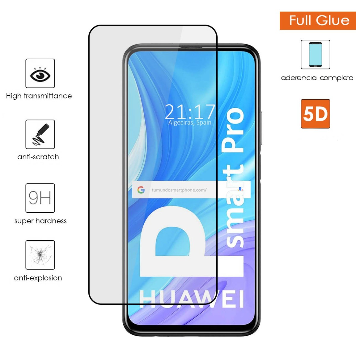 Protector Cristal Templado Completo 5D Full Glue Negro para Huawei P Smart Pro Vidrio