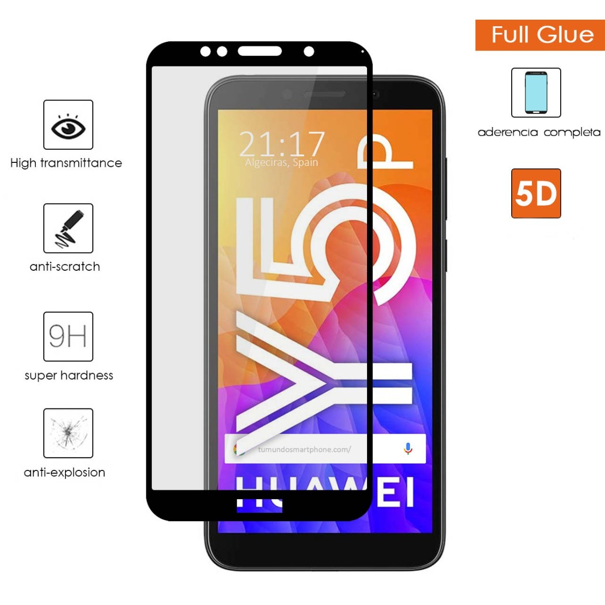 Protector Cristal Templado Completo 5D Full Glue Negro para Huawei Y5P Vidrio