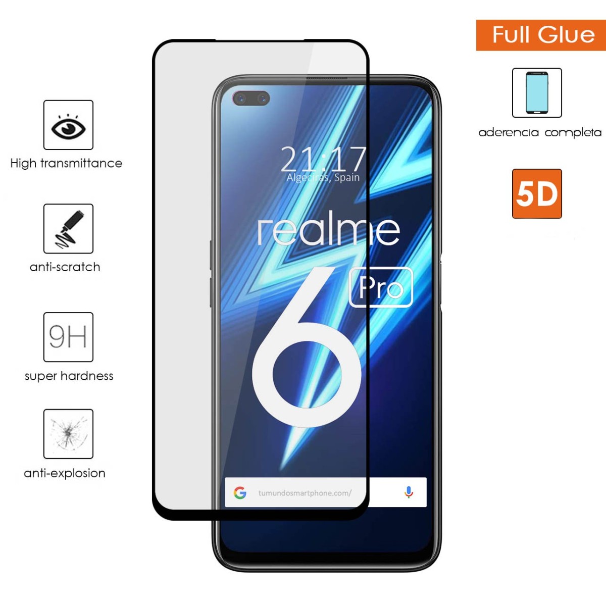 Protector Cristal Templado Completo 5D Full Glue Negro para Realme 6 Pro Vidrio