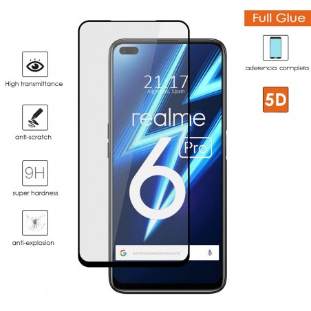 Protector Cristal Templado Completo 5D Full Glue Negro para Realme 6 Pro Vidrio