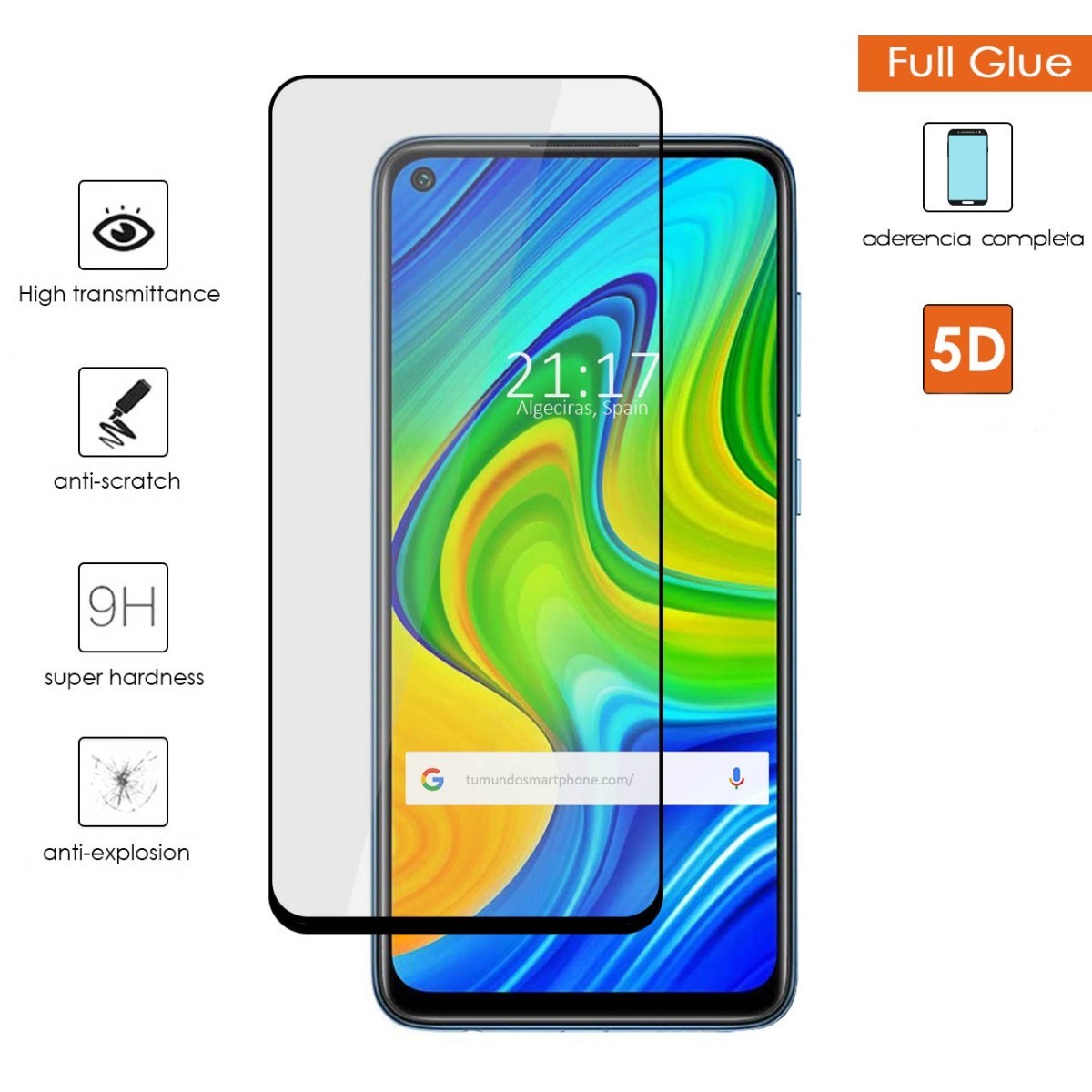 Protector Cristal Templado Completo 5D Full Glue Negro para Xiaomi Redmi Note 9 Vidrio