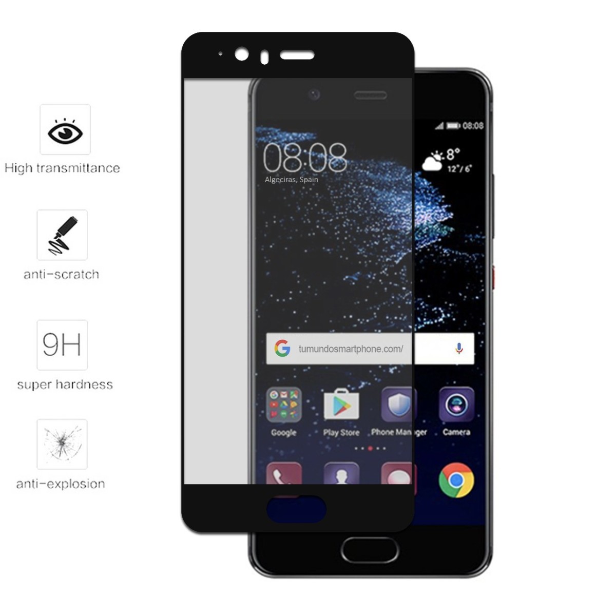 Protector Cristal Templado Frontal Completo Negro para Huawei P10 Plus Vidrio