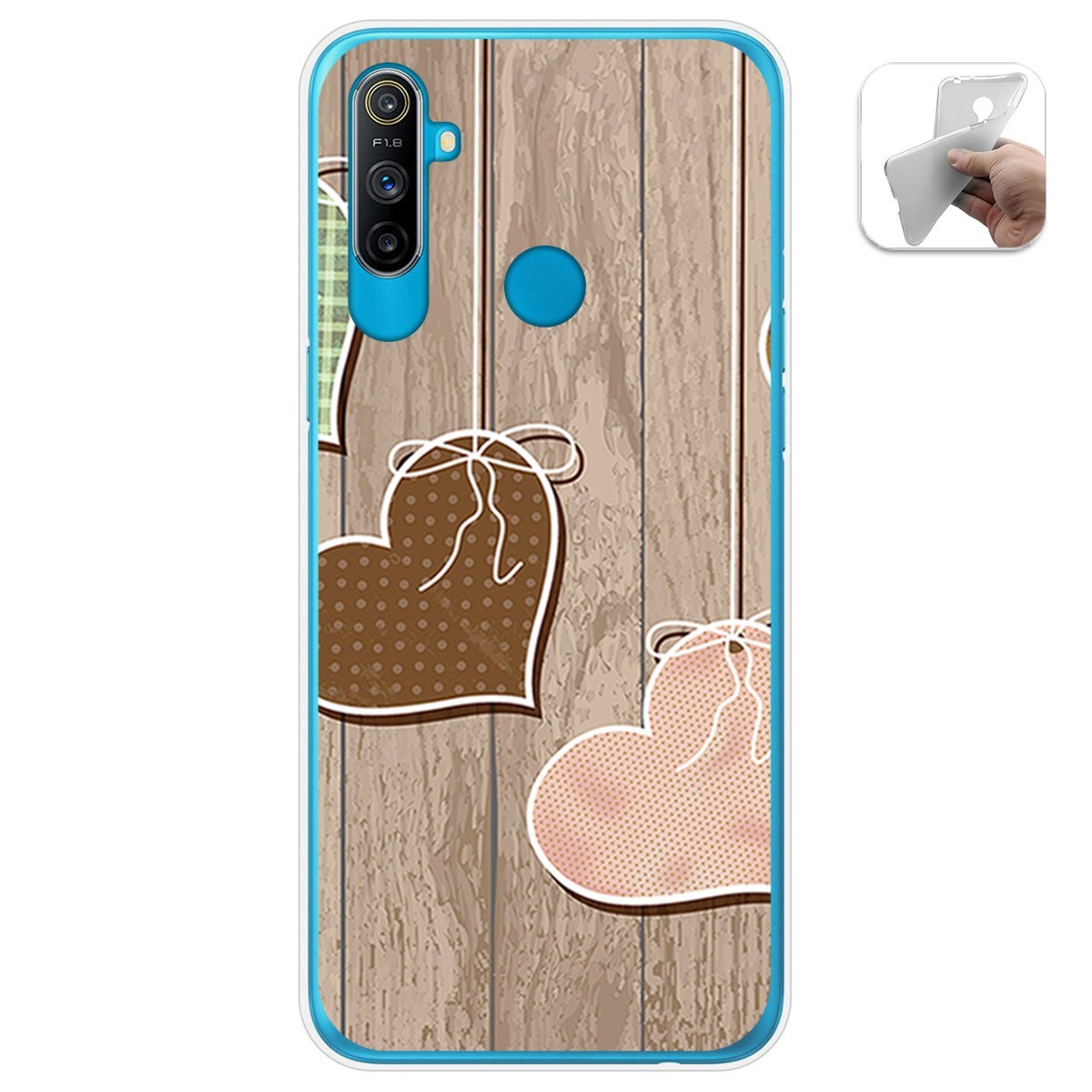 Funda Gel Tpu para Realme C3 diseño Corazones Madera Dibujos