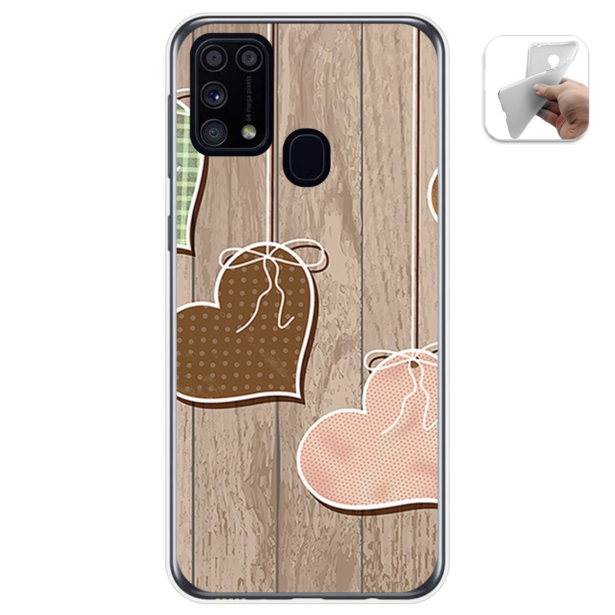 Funda Gel Tpu para Samsung Galaxy M31 diseño Corazones Madera Dibujos