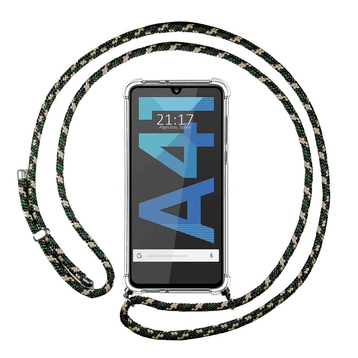 Funda Colgante Transparente para Samsung Galaxy A41 con Cordon Verde / Dorado