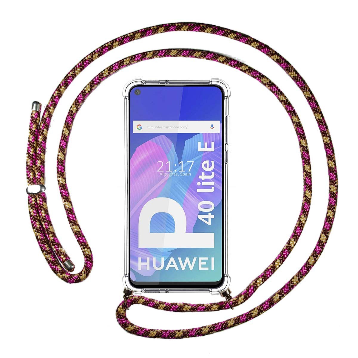Funda Colgante Transparente para Huawei P40 Lite E con Cordon Rosa / Dorado