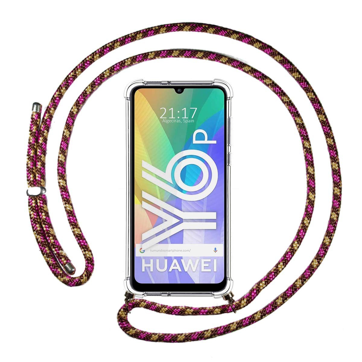 Funda Colgante Transparente para Huawei Y6p con Cordon Rosa / Dorado
