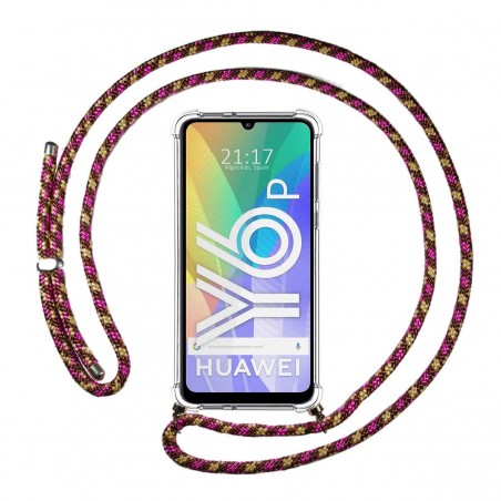 Funda Colgante Transparente para Huawei Y6p con Cordon Rosa / Dorado