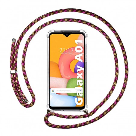 Funda Colgante Transparente para Samsung Galaxy A01 con Cordon Rosa / Dorado